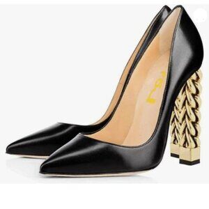 FSJ Women Gold Metal Chain Chunky High Heel Pointed Toe Slip On  Black Shoes